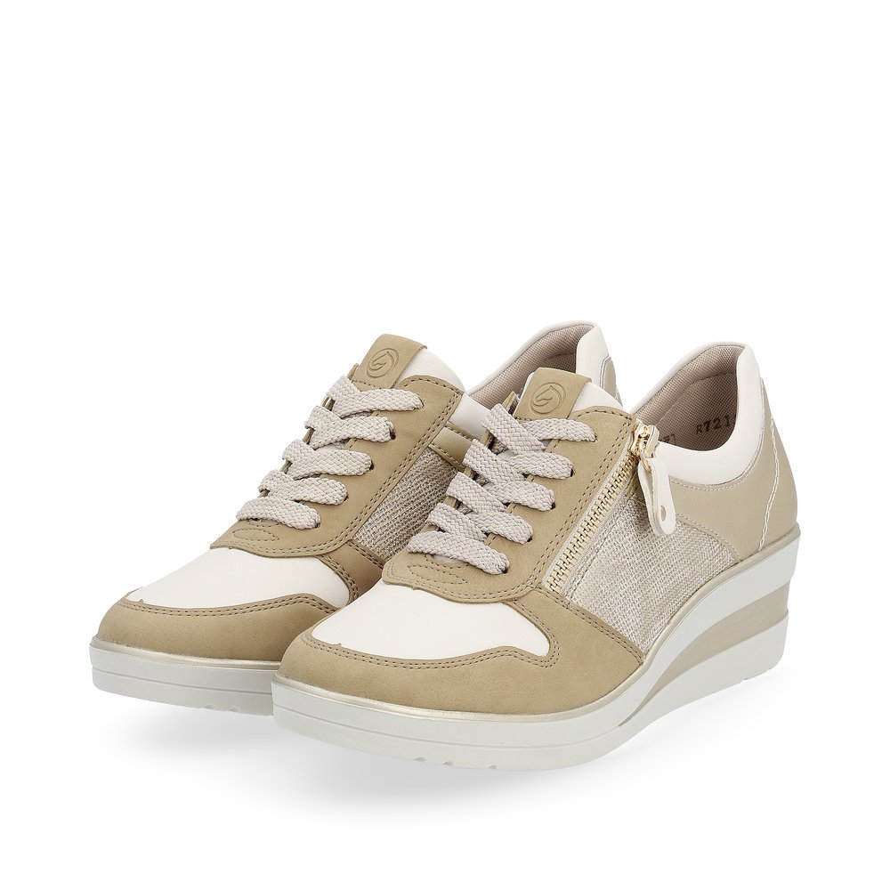 Beige remonte women´s sneakers R7213-62 with zipper and extra width H. Shoes laterally.