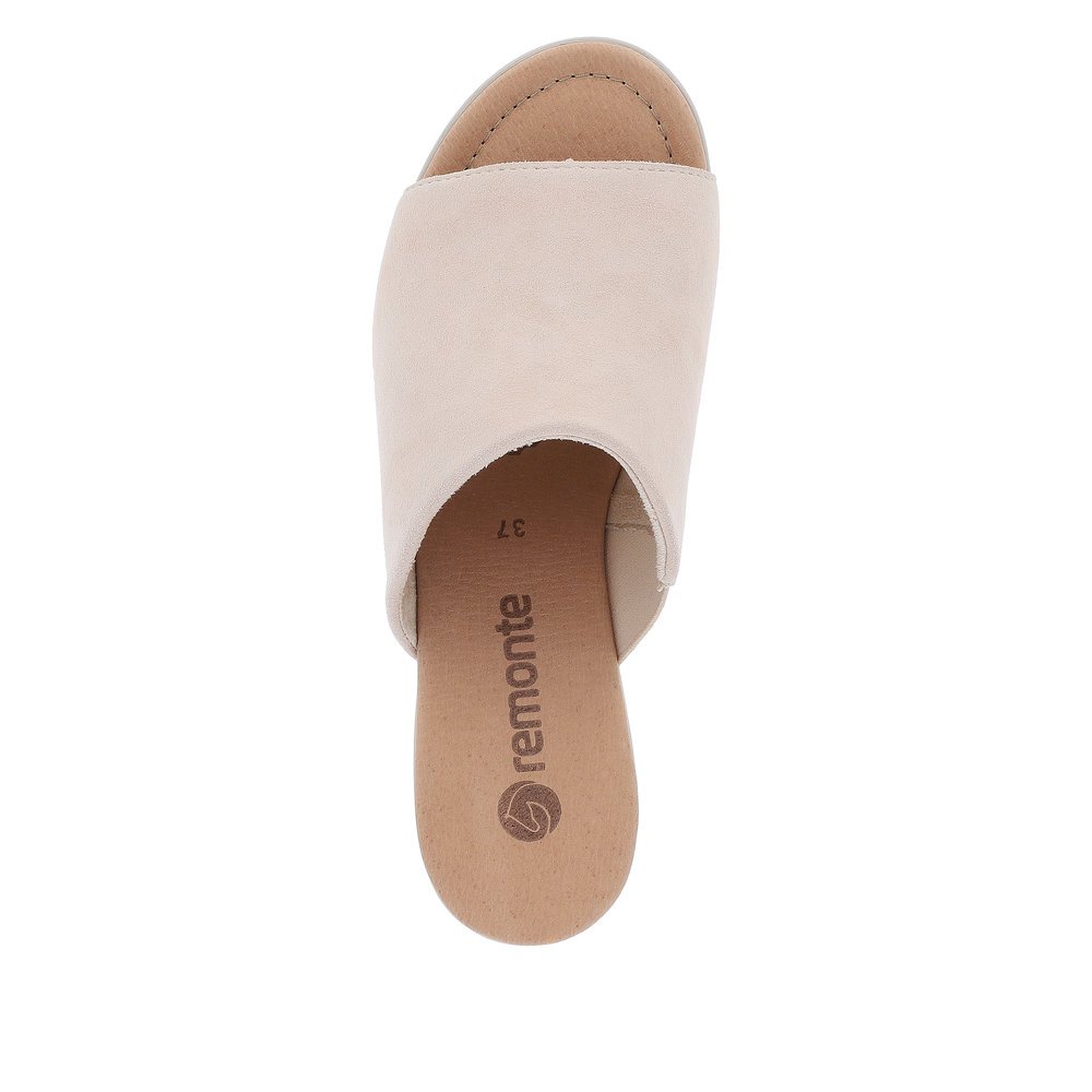 Clay beige remonte women´s mules R8752-60 with cushioning sole with block heel. Shoe from the top.