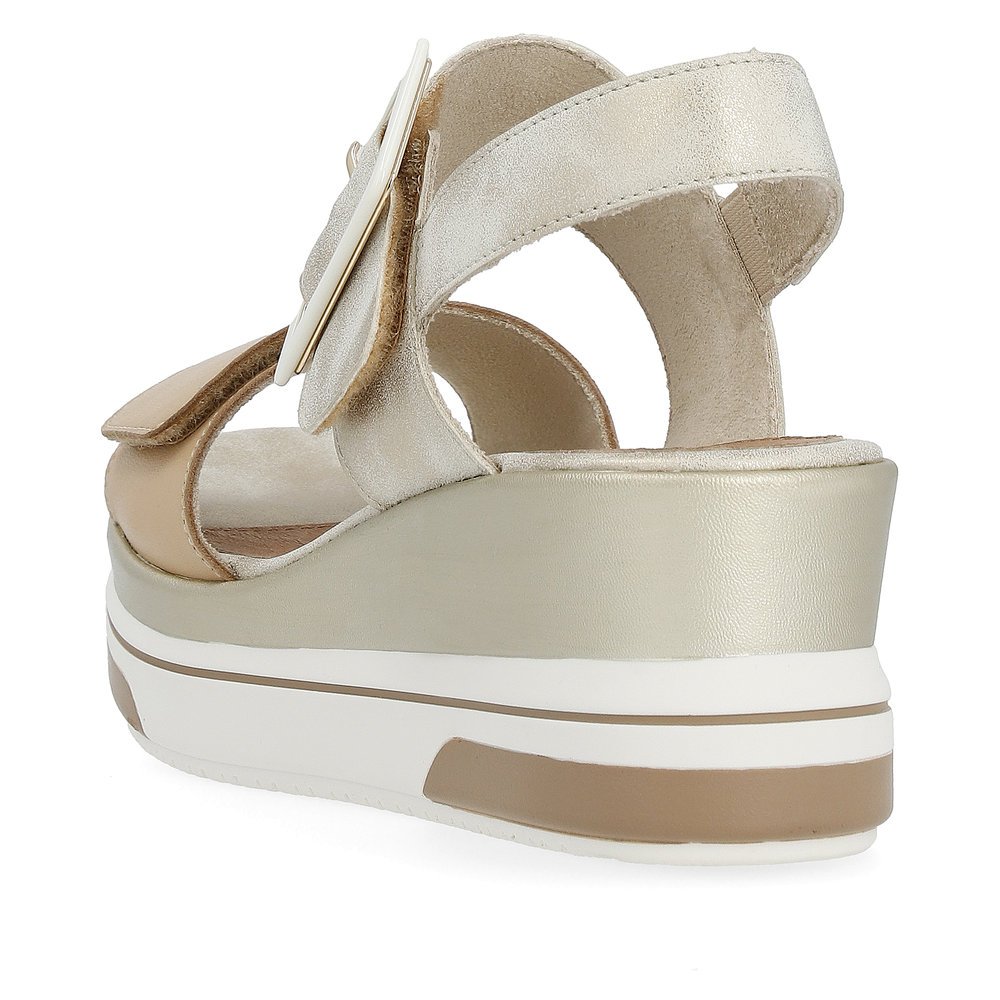Beige remonte women´s wedge sandals D1P50-90 with hook and loop fastener. Shoe from the back.