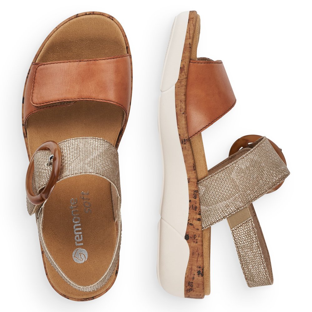 Brown remonte women´s strap sandals R6853-90 with hook and loop fastener. Shoe from the top, lying.