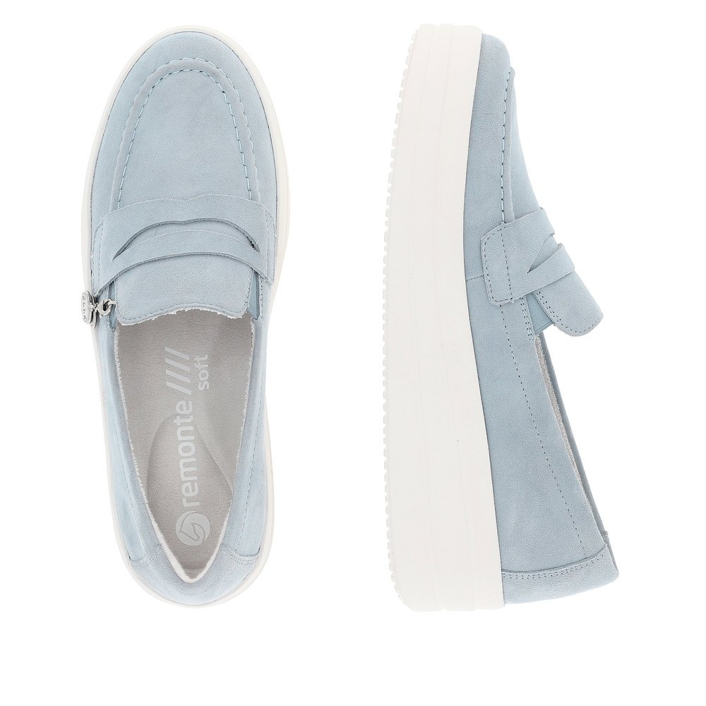 Blue remonte women´s slippers D1C05-10 with an elastic insert and stylish zipper. Shoe from the top, lying.