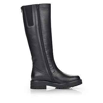 Schwarze Stiefel warm gefüttert aus Glattleder mit Reißverschluss, wasserabweisendem Remonte TEX und Wechselfußbett. Schuh Innenseite.