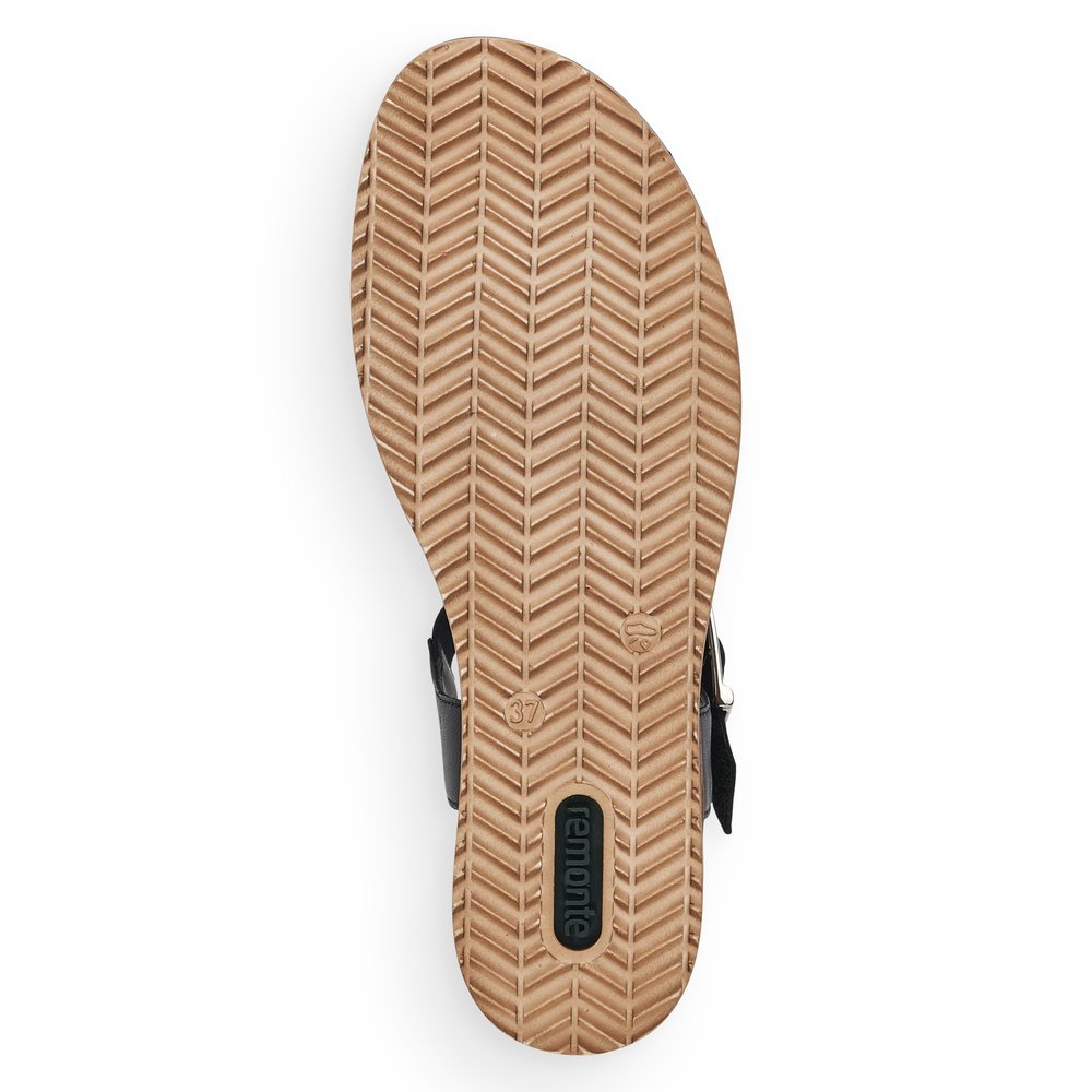 remonte sandales compensées noires femmes D6454-00 avec fermeture velcro. Semelle extérieure de la chaussure.