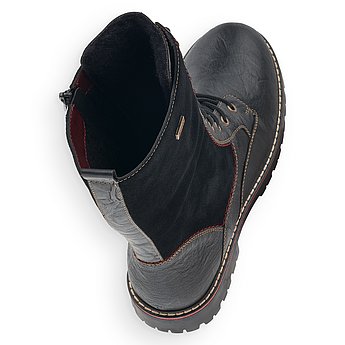 Schwarze Stiefeletten warm gefüttert aus Lederimitat mit Reißverschluss und Schnürung, wasserabweisendem Remonte TEX und Wechselfußbett. Schuhe Innenseite.
