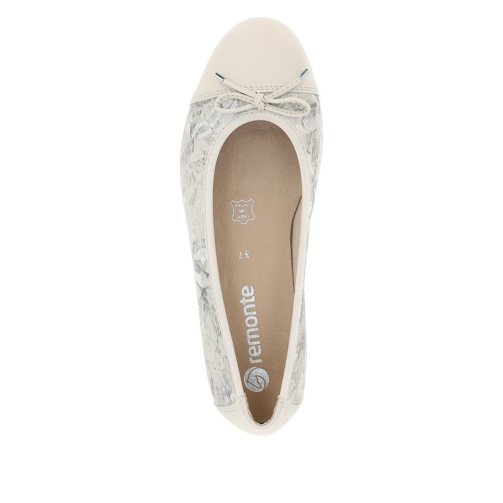 Cream beige remonte women´s ballerinas D0K04-60 with floral pattern. Shoe from the top.