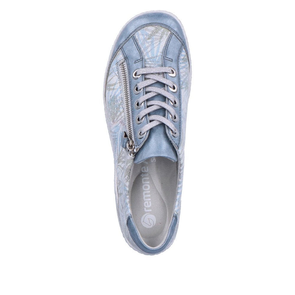 Blue remonte women´s lace-up shoes R1402-11 with zipper and tropical pattern. Shoe from the top.