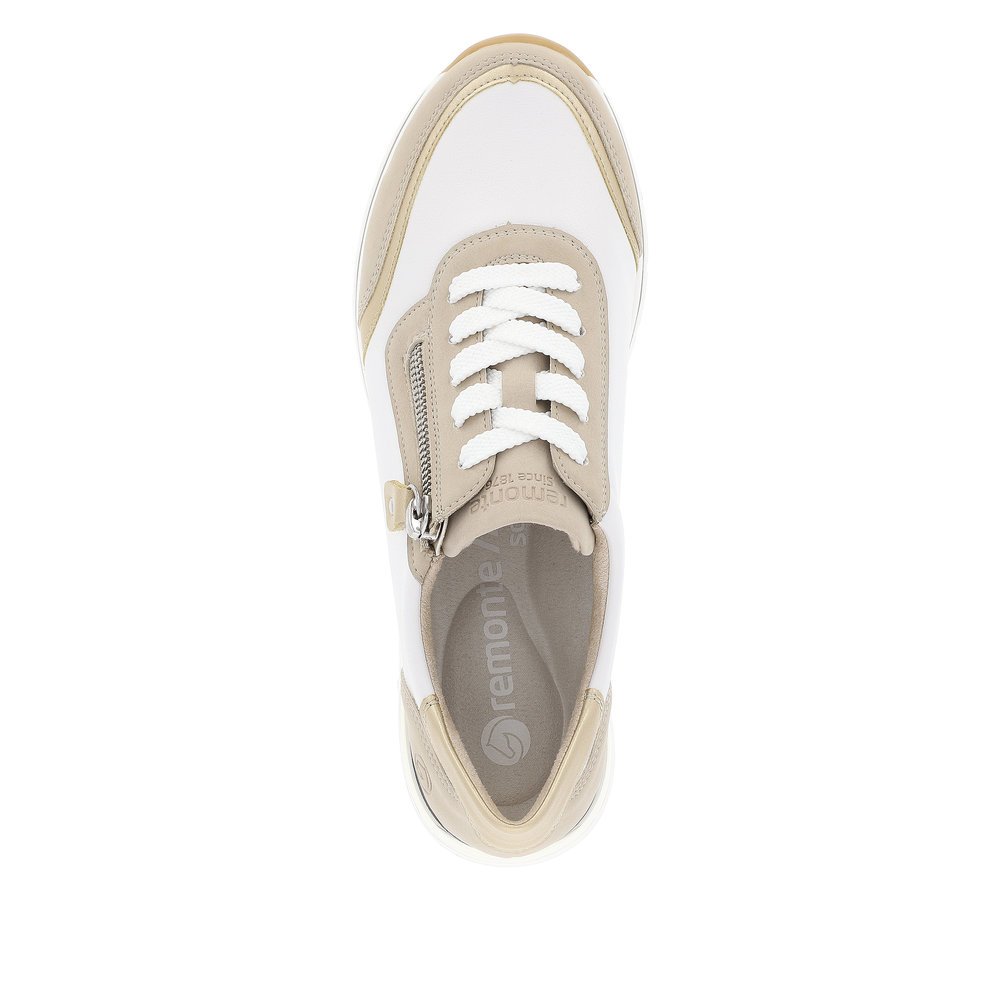 White vegan remonte women´s sneakers R6709-80 with a zipper and comfort width G. Shoe from the top.