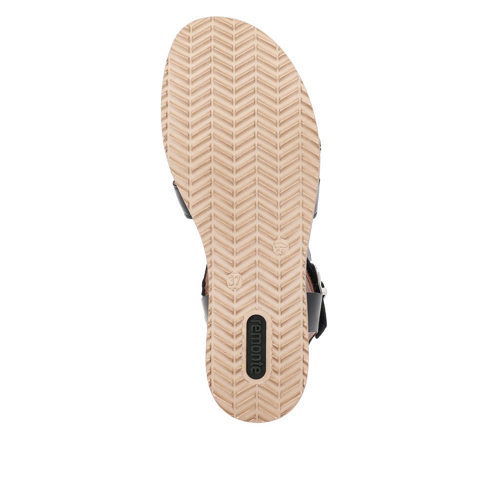 remonte sandales compensées noires femmes D6461-02 avec fermeture velcro. Semelle extérieure de la chaussure.