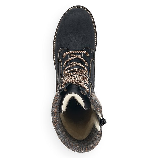 Schwarze Stiefel warm gefüttert aus Kunstleder mit Reißverschluss und Schnürung, wasserabweisendem Remonte TEX und Wechselfußbett. Schuh von oben. 