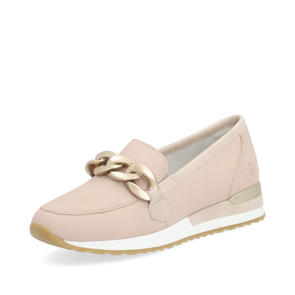 Beige pink remonte women´s loafers R2544-31 with golden chain. Shoe laterally.