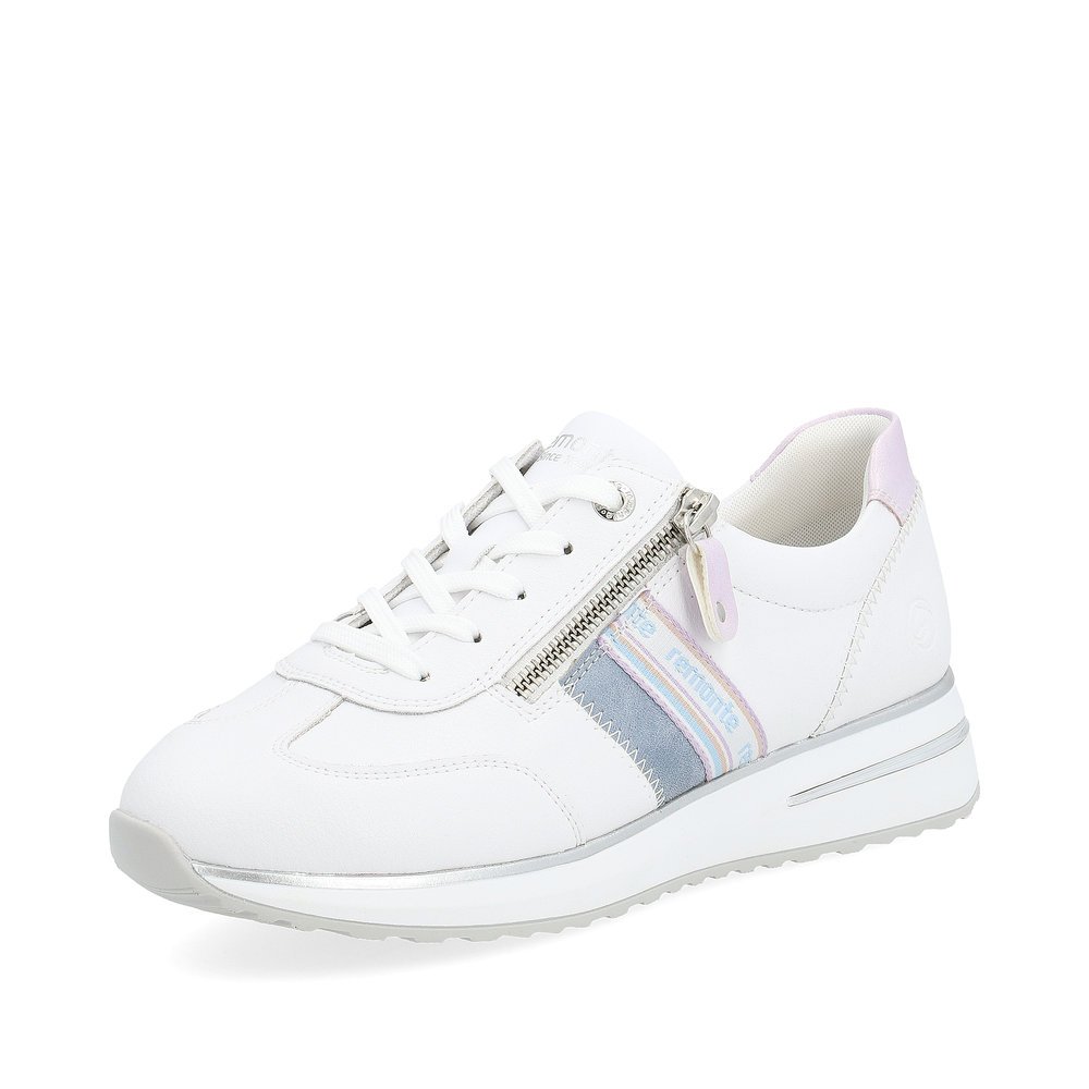 White remonte women´s sneakers D1G02-80 with zipper and soft exchangeable footbed. Shoe laterally.