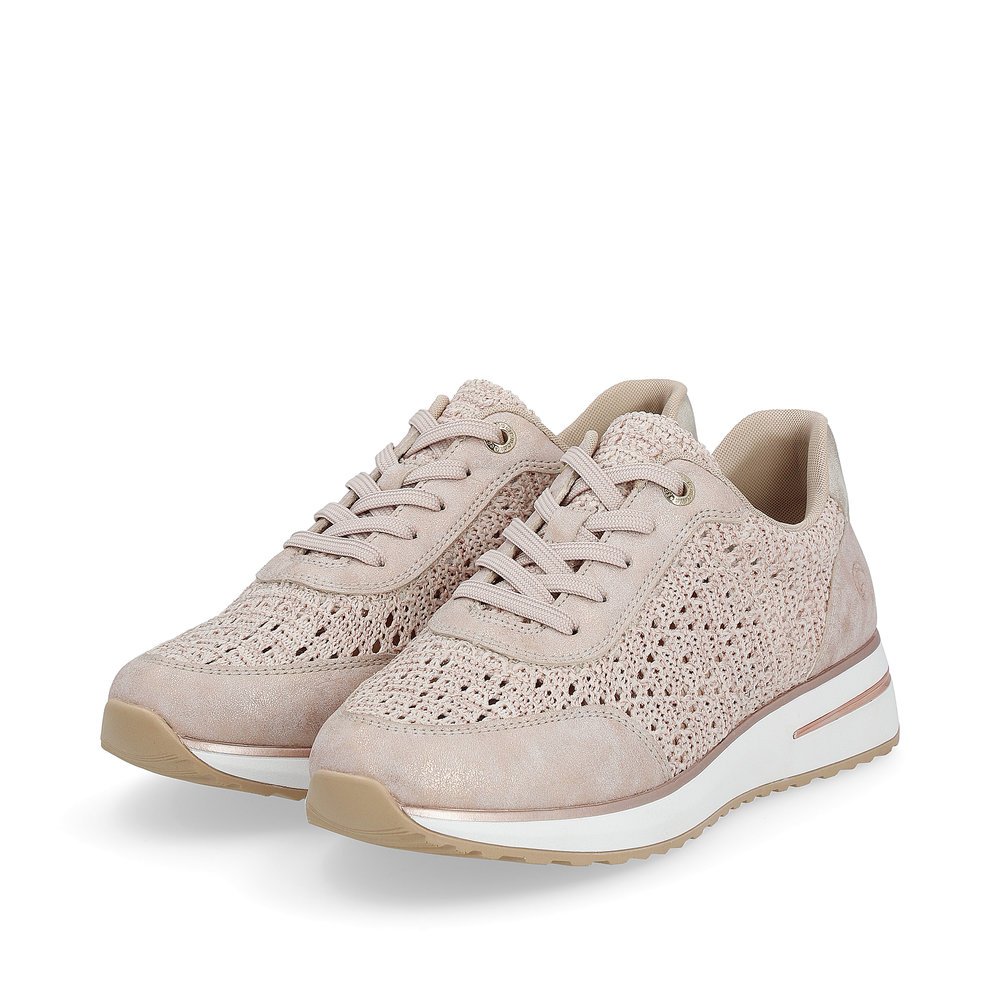 Pink remonte women´s sneakers D1G04-31 with a lacing and perforated look. Shoes laterally.