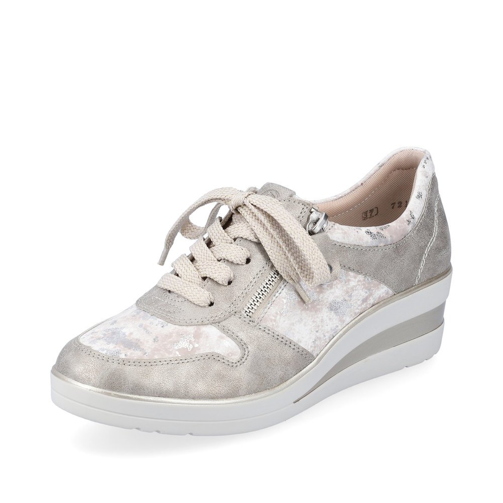 Grey beige remonte women´s sneakers R7213-61 with a zipper and extra width H. Shoe laterally.