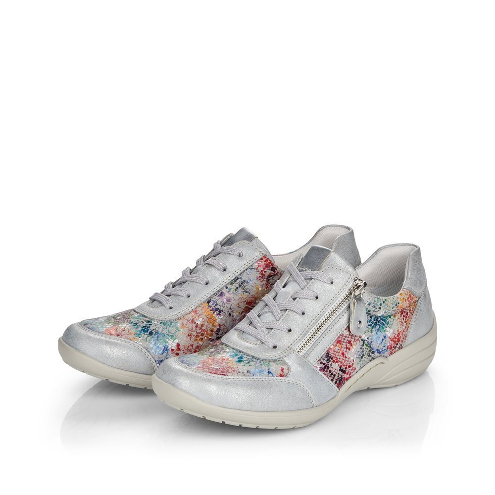 Colorful remonte women´s lace-up shoes R7637-40 with zipper and multicolor print. Shoes laterally.