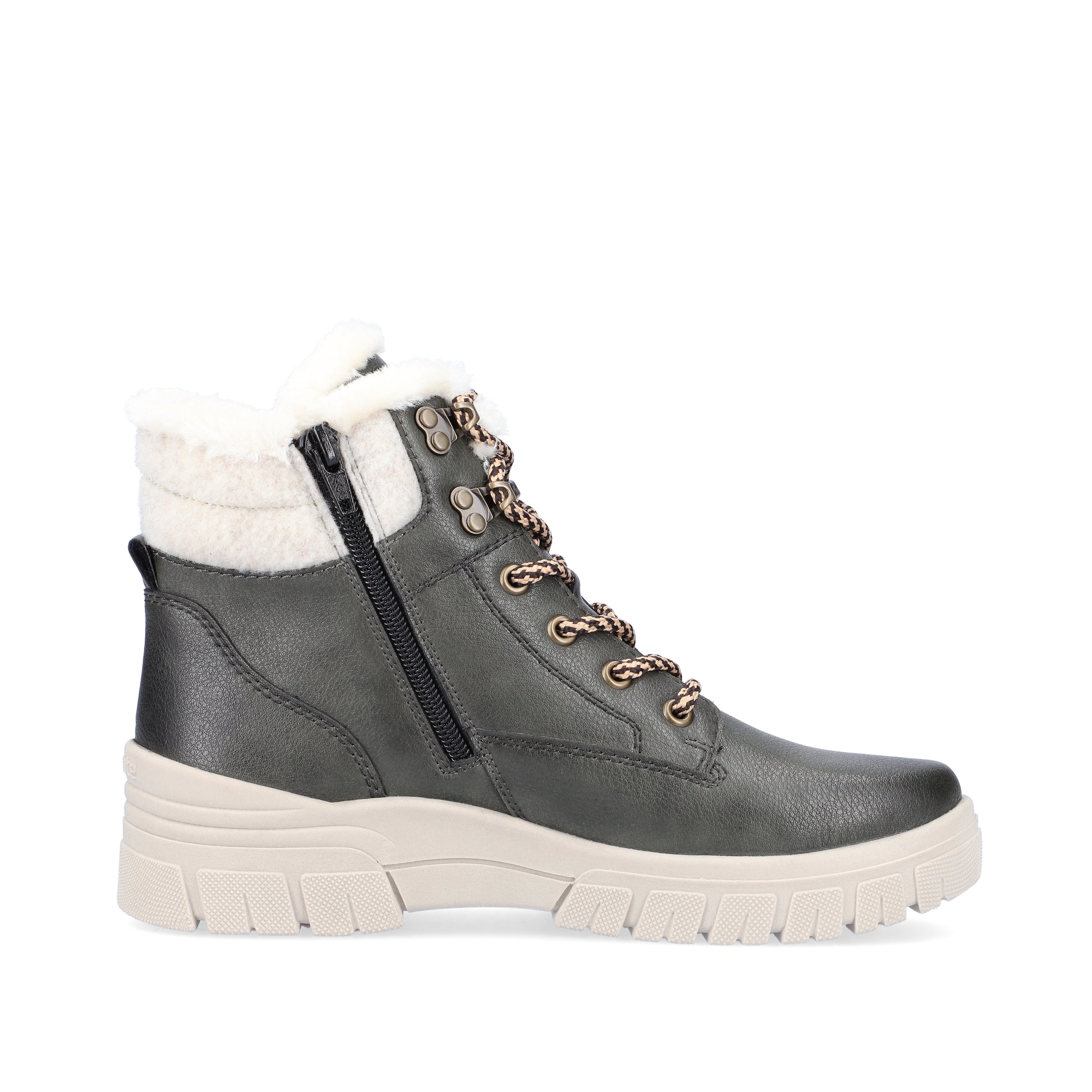 Green-grey remonte women´s lace-up boots D0E71-52 with light profile sole. Shoe inside