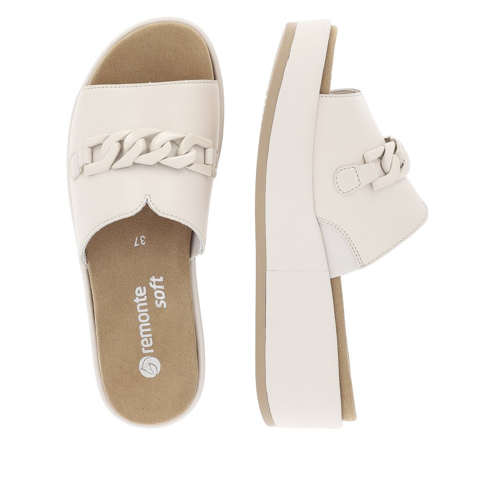 Vanilla beige remonte women´s mules D1N51-80 with cream white chain. Shoe from the top, lying.