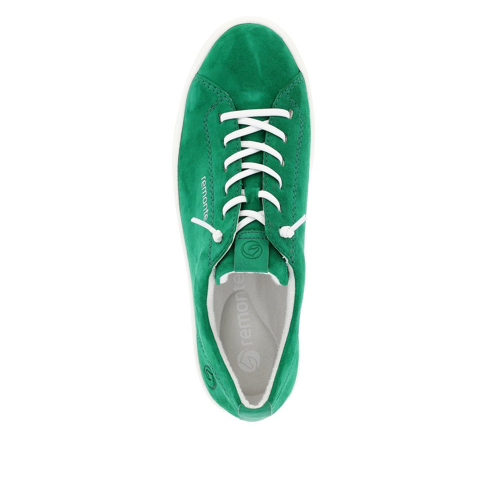 Emerald green remonte women´s sneakers D0913-52 with lacing and comfort width G. Shoe from the top.