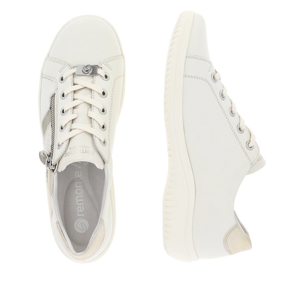 Beige remonte women´s lace-up shoes D1E00-80 with a zipper and comfort width G. Shoe from the top, lying.