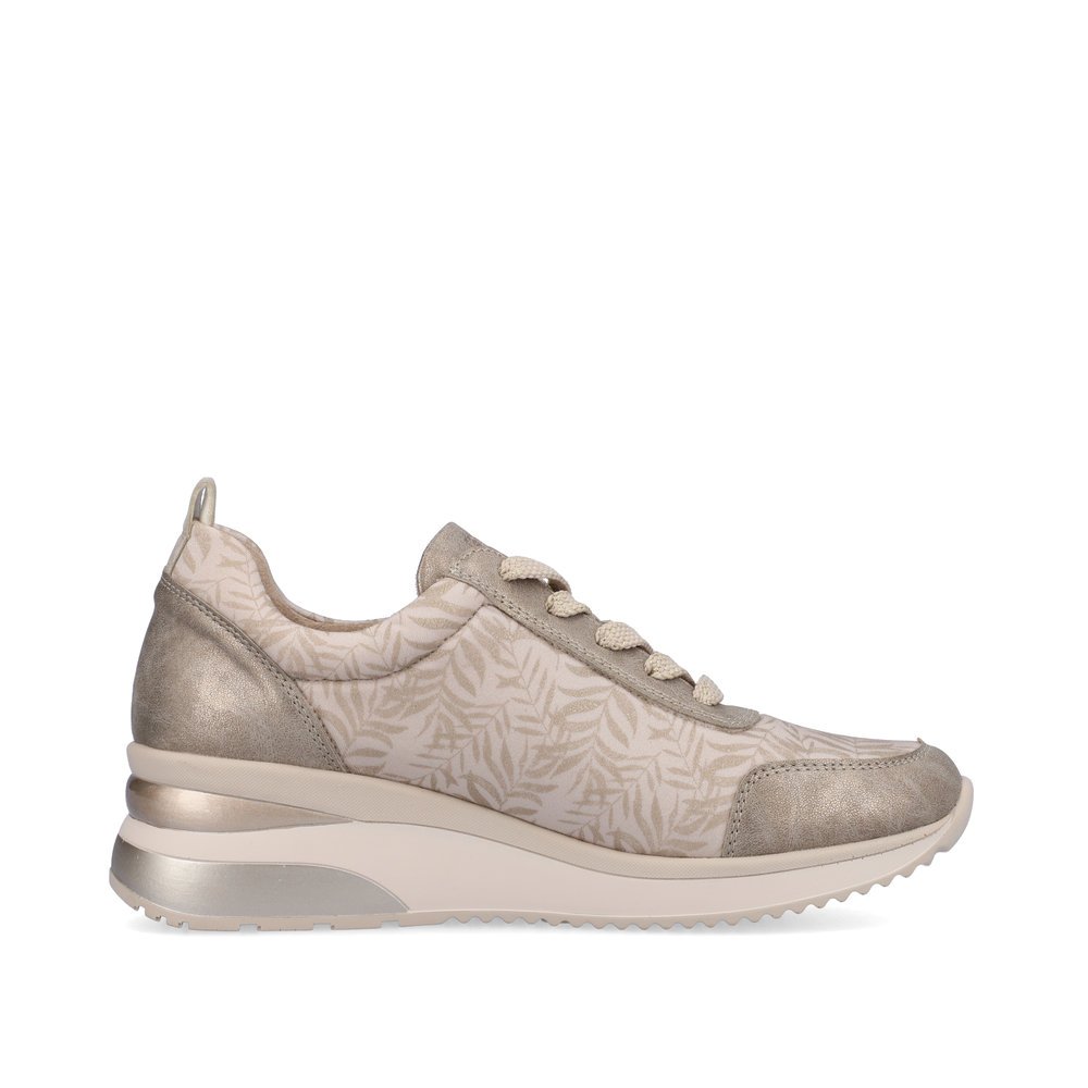 Beige remonte women´s sneakers D2401-60 with zipper and tropical pattern. Shoe inside.