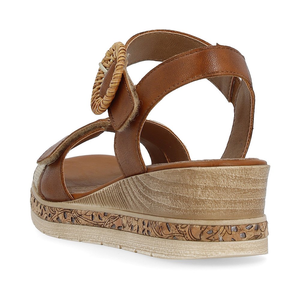 Brown remonte women´s wedge sandals D3067-24 with hook and loop fastener. Shoe from the back.