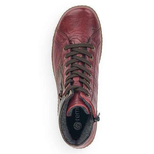 Rote Stiefeletten aus Glattleder mit Reißverschluss und Schnürung, wasserabweisendem Remonte TEX und Wechselfußbett. Schuh von oben. 