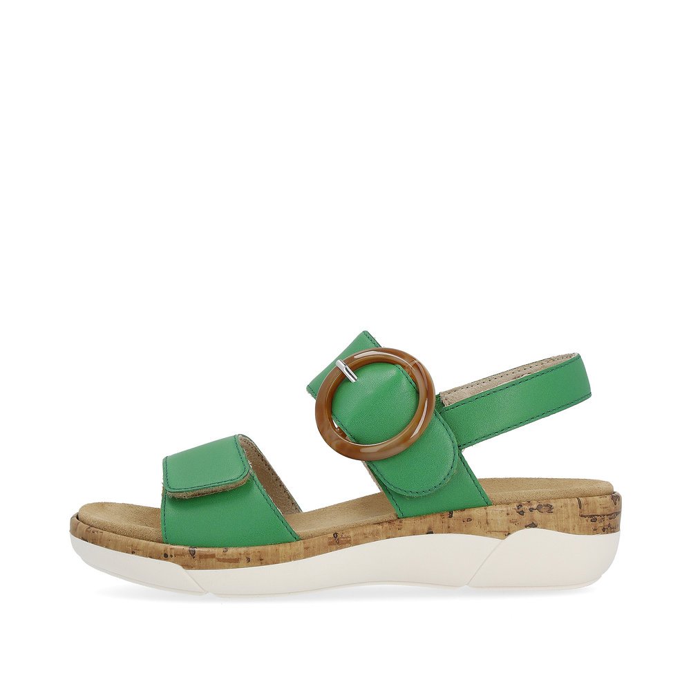 Emerald green remonte women´s strap sandals R6853-53 with a hook and loop fastener. Outside of the shoe.