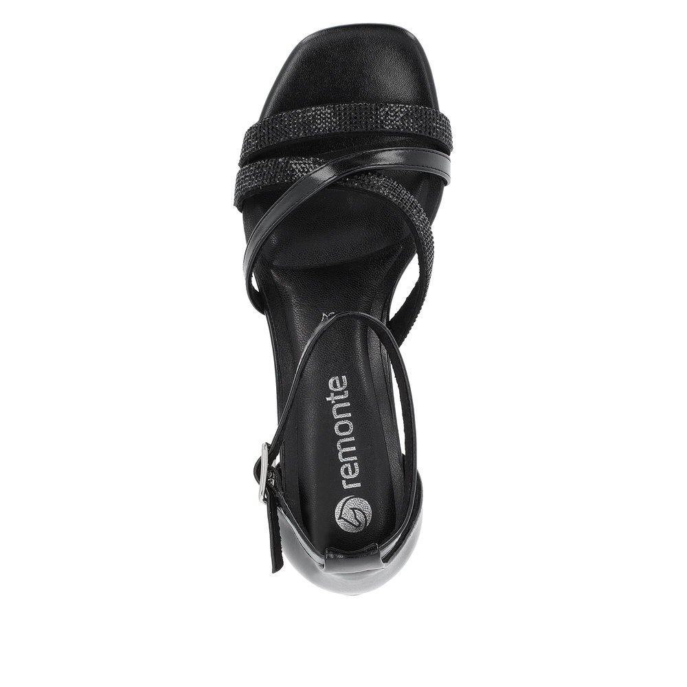 Black vegan remonte women´s strap sandals D1L51-00 with buckle and soft cover sole. Shoe from the top.