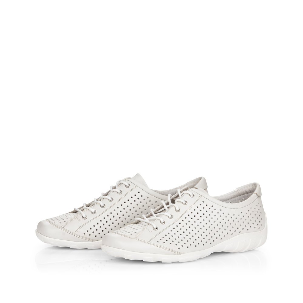 White remonte women´s lace-up shoes R3401-80 with perforated look. Shoes laterally.