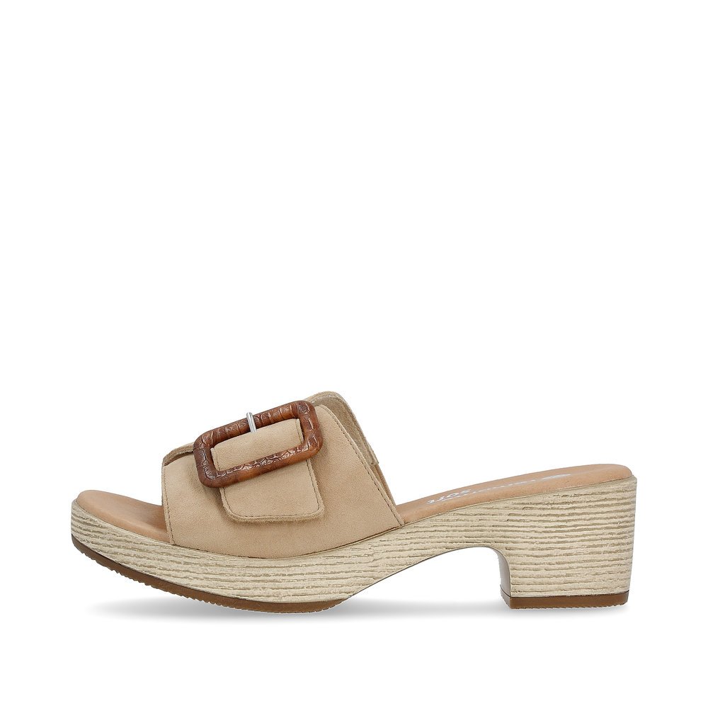 Clay beige remonte women´s mules D0N56-60 with a hook and loop fastener. Outside of the shoe.