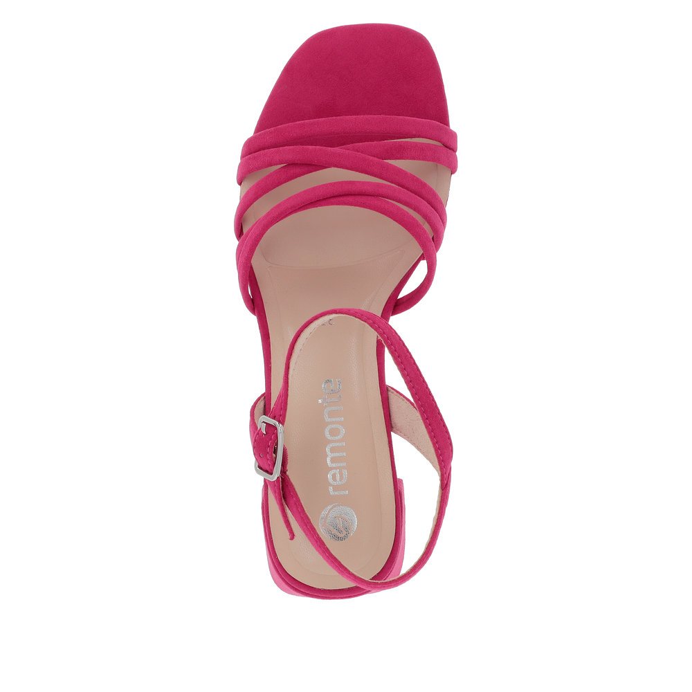 Pink vegan remonte women´s strap sandals D1L52-31 with buckle and soft cover sole. Shoe from the top.
