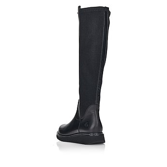 Schwarze Stiefel leicht wärmend aus Glattleder mit Reißverschluss, wasserabweisendem Remonte TEX, Stretch-Einsatz im Wadenbereich und Wechselfußbett. Schuh von hinten.
