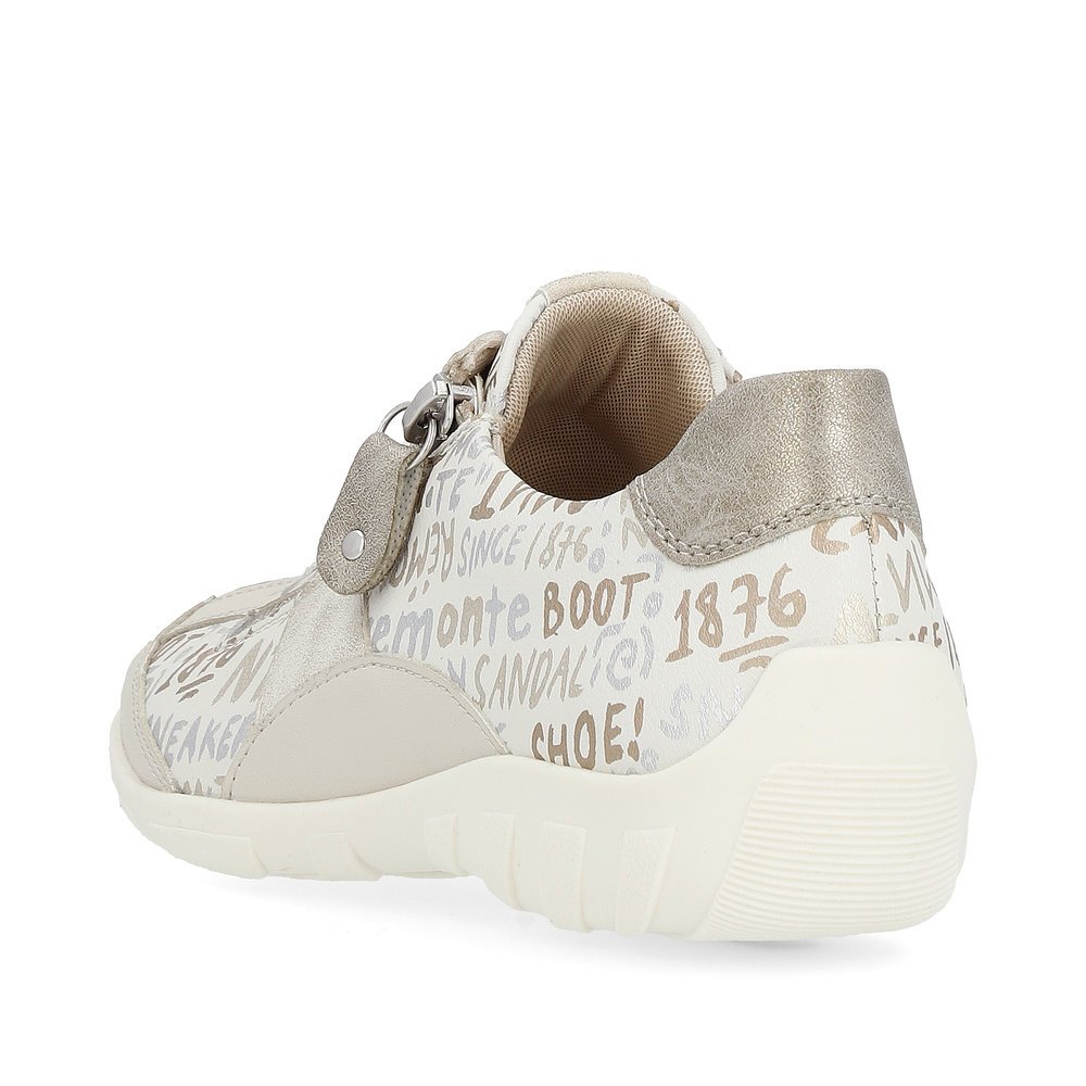 Beige remonte women´s lace-up shoes R3403-61 with a zipper and text pattern. Shoe from the back.