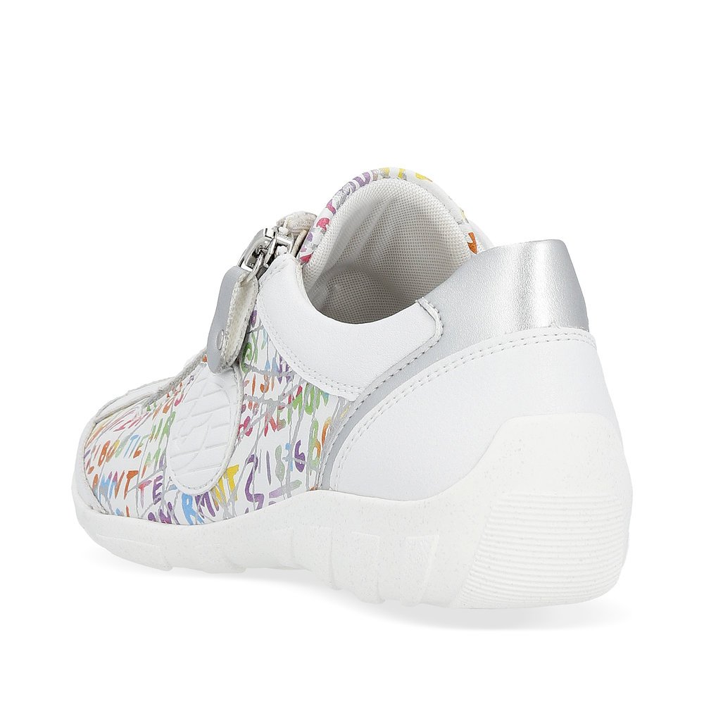 White remonte women´s lace-up shoes R3408-81 with a zipper and multicolored pattern. Shoe from the back.