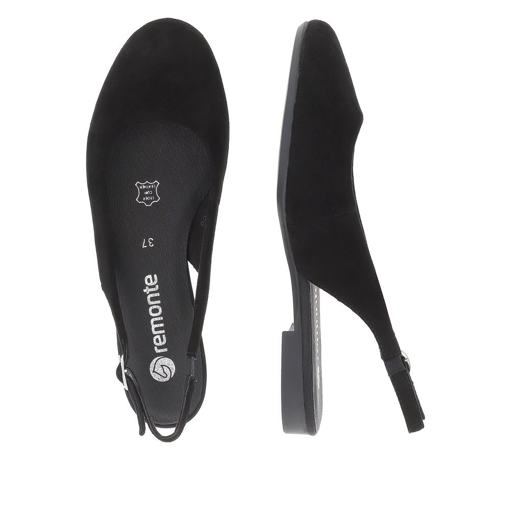 Jet black remonte women´s slingback pumps D0K07-00 with buckle and soft cover sole. Shoe from the top, lying.