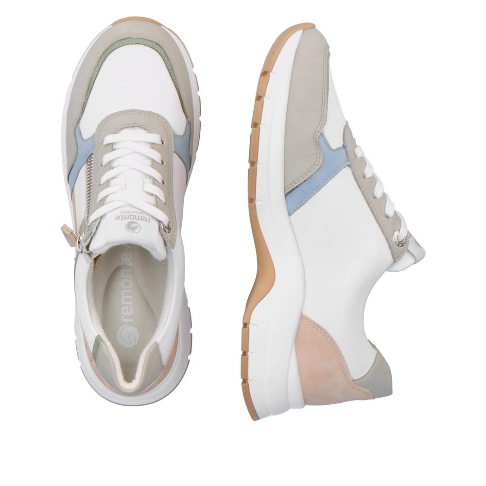 White remonte women´s sneakers D0G02-80 with a zipper and extra width H. Shoe from the top, lying.