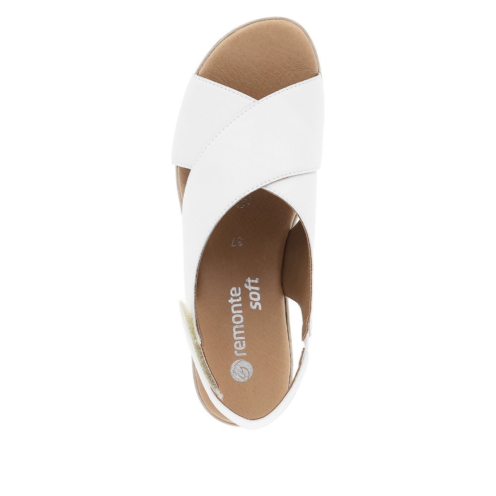 White remonte women´s strap sandals D0N54-80 with a hook and loop fastener. Shoe from the top.