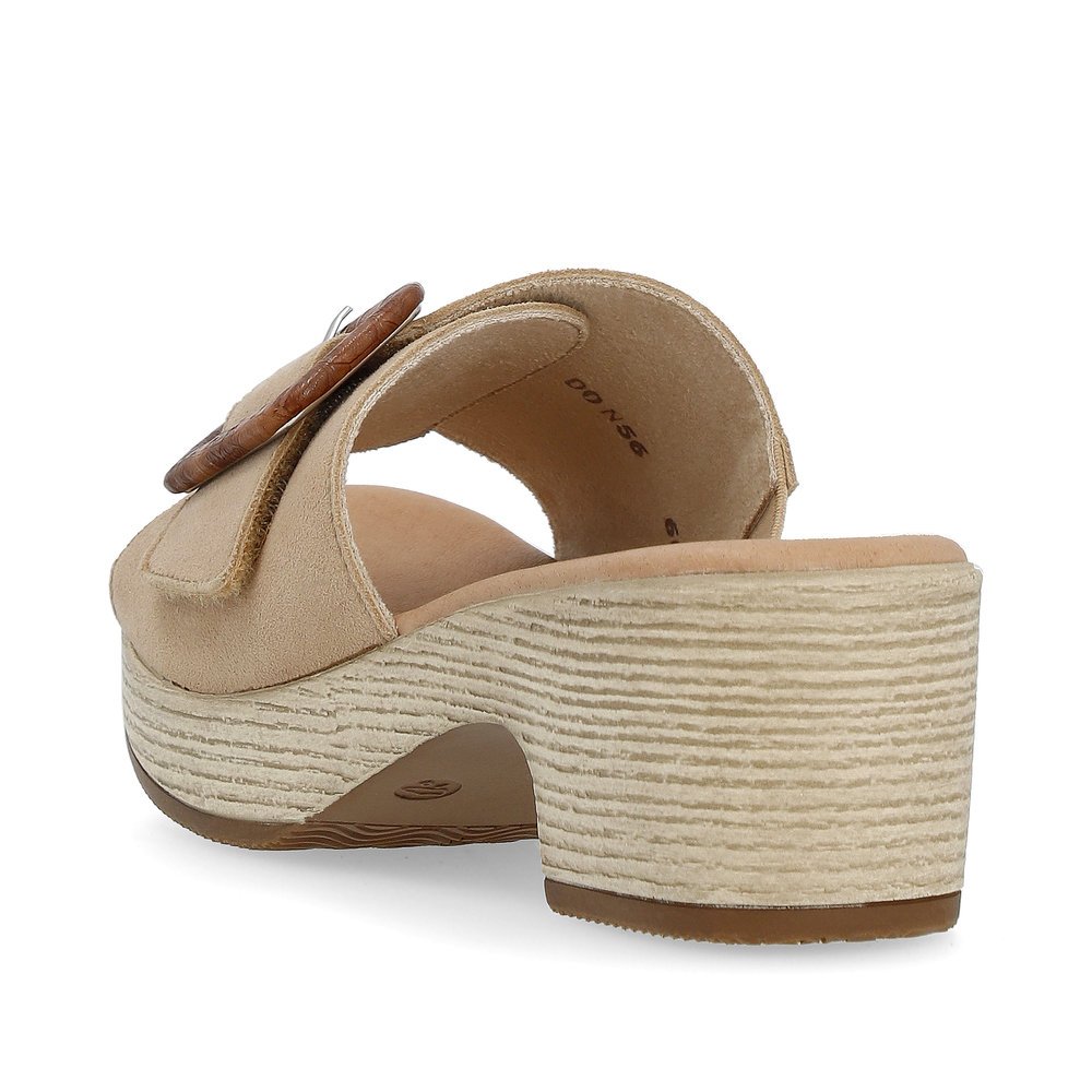 Clay beige remonte women´s mules D0N56-60 with a hook and loop fastener. Shoe from the back.