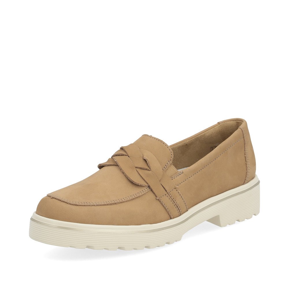 Beige remonte women´s loafers D1H01-60 with an elastic insert and braided strap. Shoe laterally.