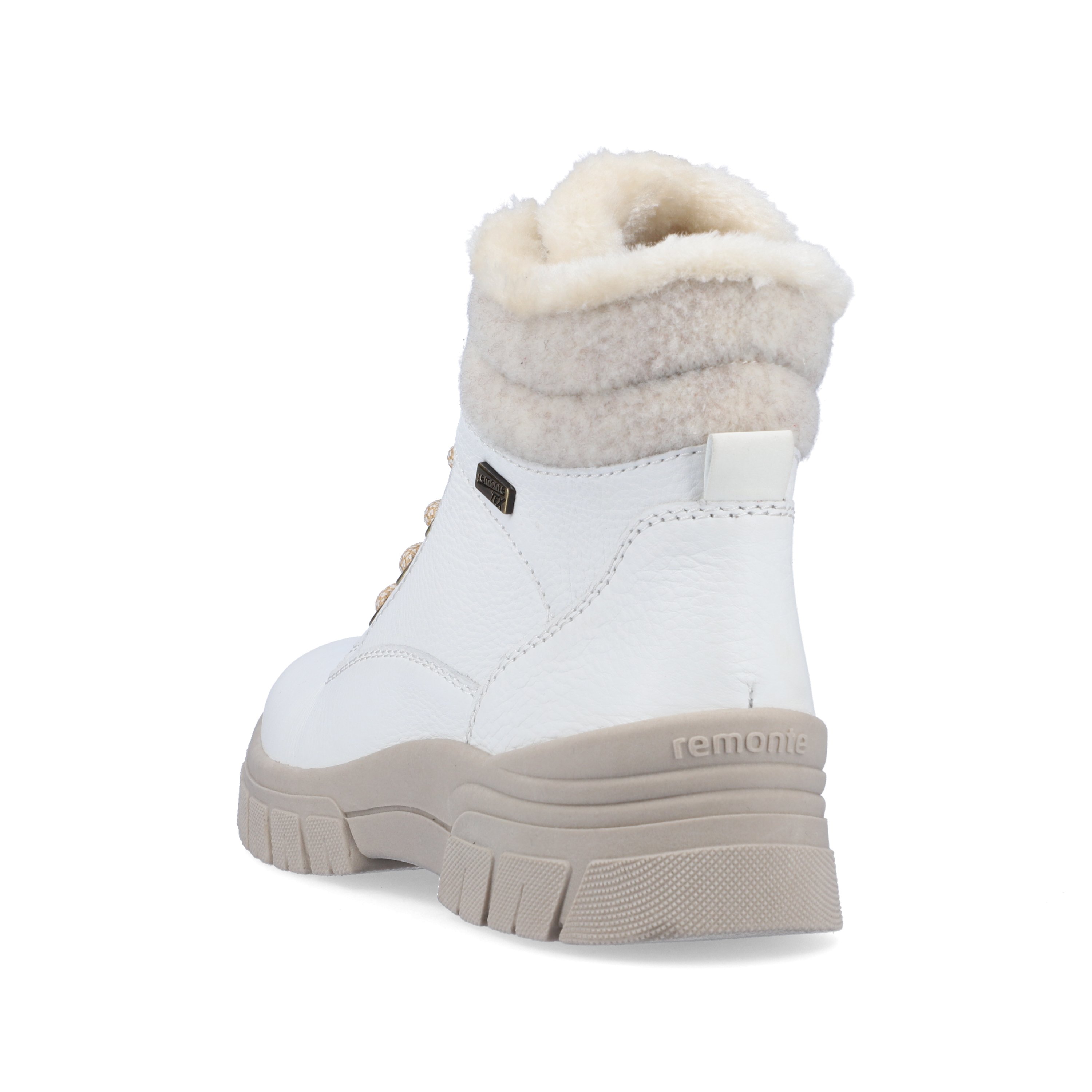 Off-white remonte women´s lace-up boots D0E71-80 with lacing and zipper. Shoe from the back