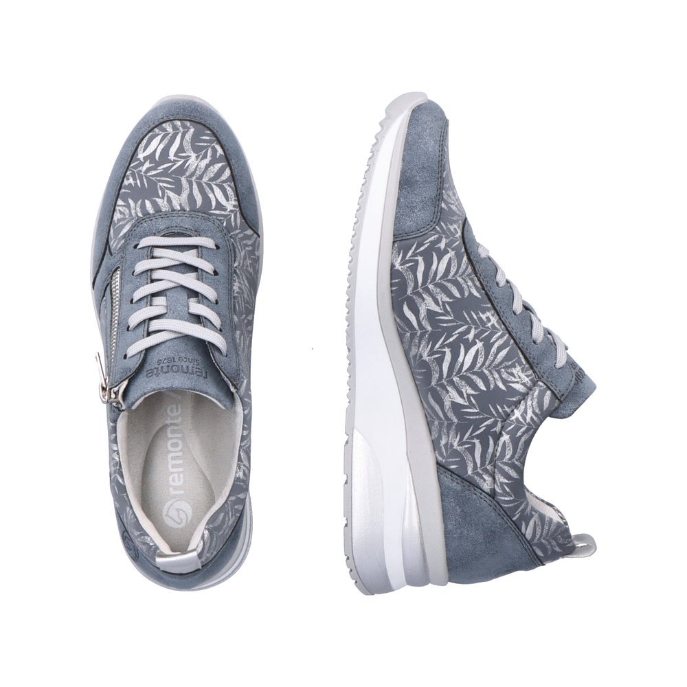 Blue remonte women´s sneakers D2401-10 with a zipper and tropical pattern. Shoe from the top, lying.