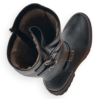 Schwarze Stiefel warm gefüttert aus Lederimitat mit Reißverschluss und Wechselfußbett. Schuhe Innenseite.