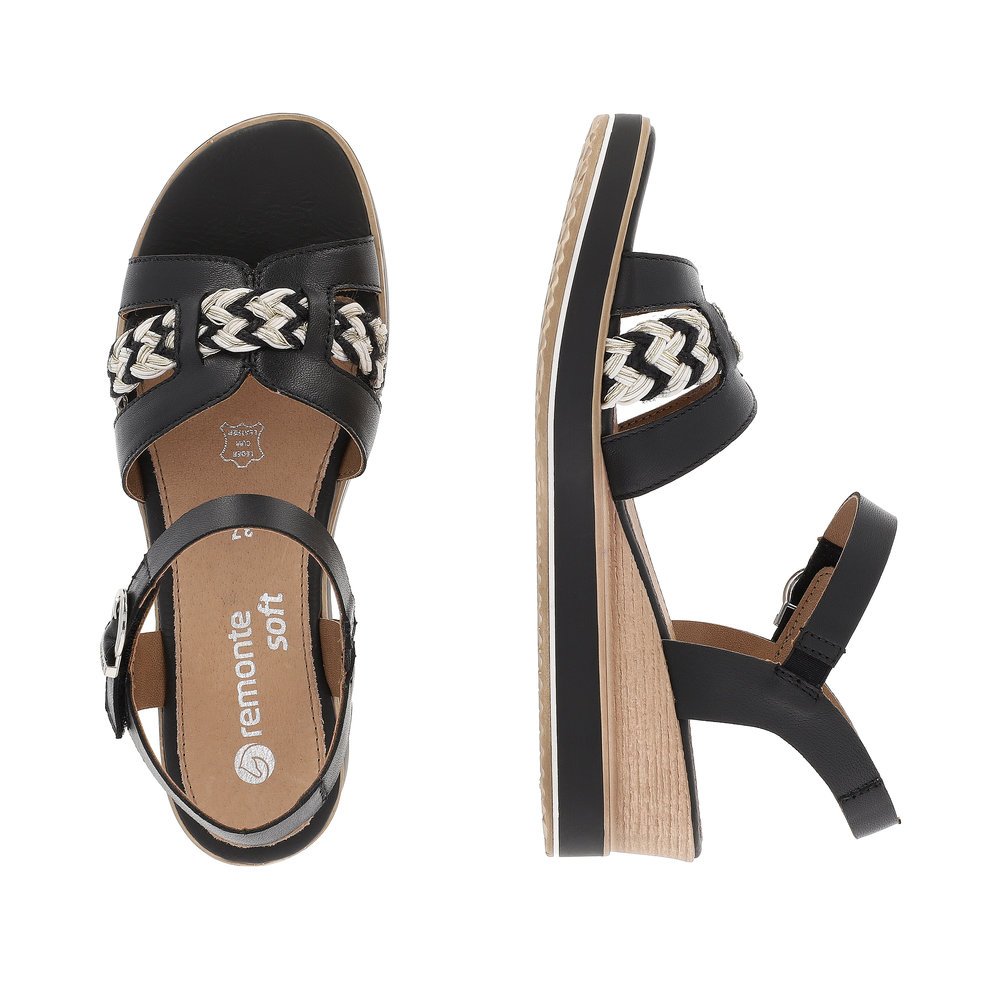 Black remonte women´s wedge sandals D6461-02 with hook and loop fastener. Shoe from the top, lying.