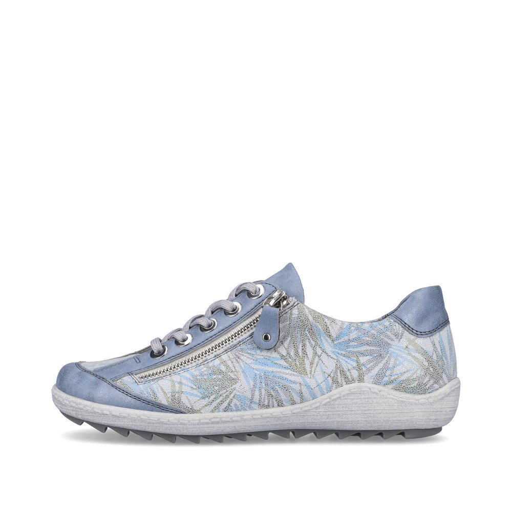 Blue remonte women´s lace-up shoes R1402-11 with zipper and tropical pattern. Outside of the shoe.