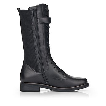 Schwarze Stiefel leicht wärmend aus Glattleder mit Reißverschluss und Schnürung, Stretch-Einsatz im Wadenbereich und Wechselfußbett. Schuh Innenseite.