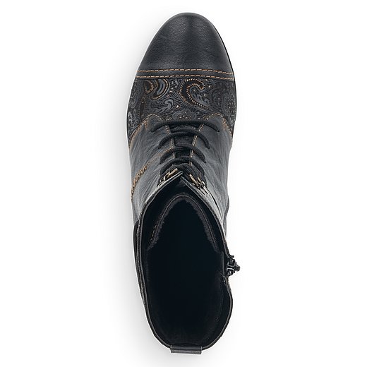 Schwarze Stiefeletten leicht wärmend aus Glattleder mit Reißverschluss und Schnürung und Wechselfußbett. Schuh von oben. 