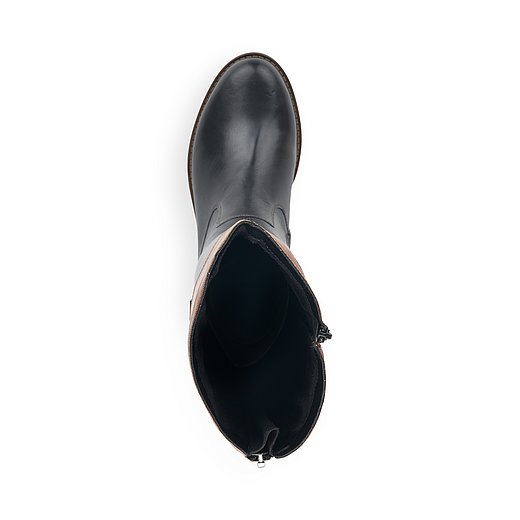 Schwarze Stiefel aus Glattleder mit Reißverschluss, wasserabweisendem Remonte TEX und Wechselfußbett. Schuh von oben. 