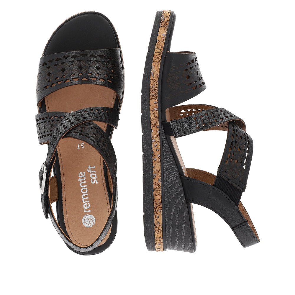 Night black remonte women´s wedge sandals D3069-02 with a hook and loop fastener. Shoe from the top, lying.