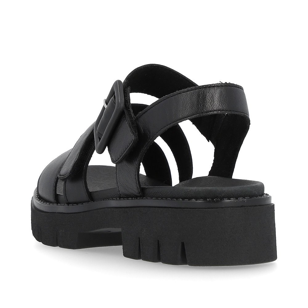 Black remonte women´s strap sandals D7957-00 with hook and loop fastener. Shoe from the back.
