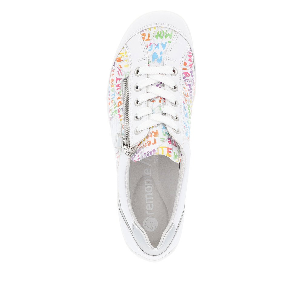 White remonte women´s lace-up shoes R3408-81 with a zipper and multicolored pattern. Shoe from the top.