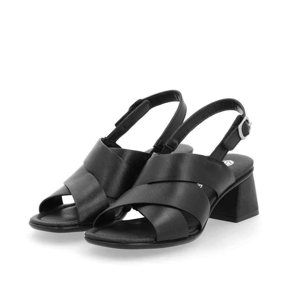 Black remonte women´s strap sandals D1K53-00 with a hook and loop fastener. Shoes laterally.